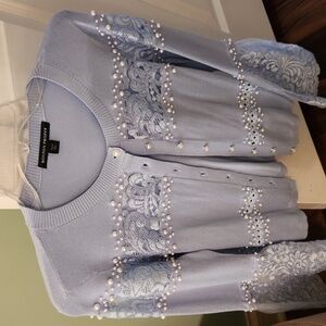 Boston Proper Light Blue Cardigan with Lace and Pearl Accents